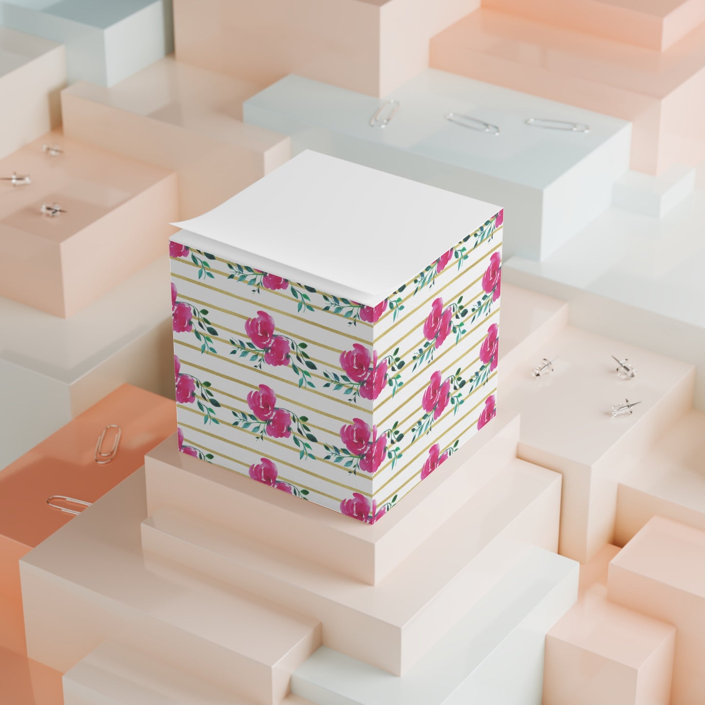 Pink Floral Gold Striped Note Cube
