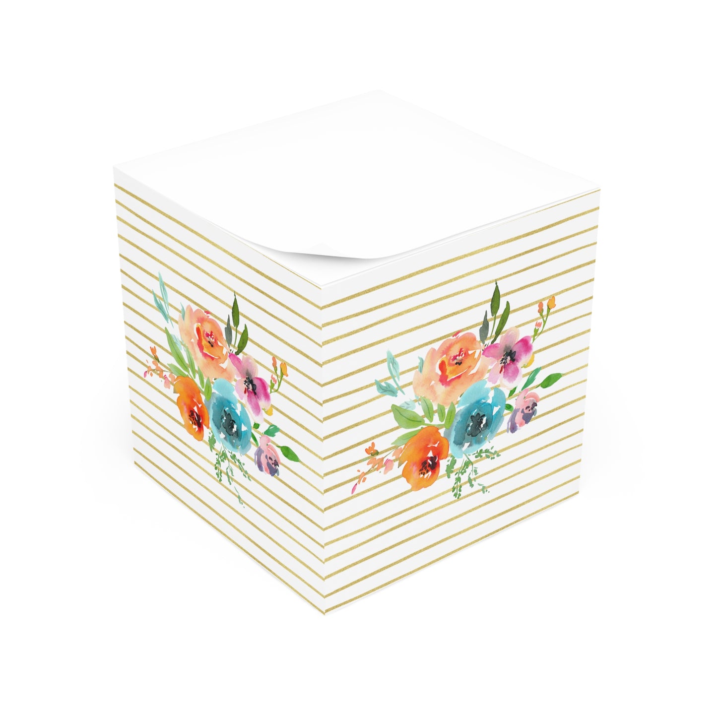 Bright Floral Bouquet Gold Stripe Note Cube