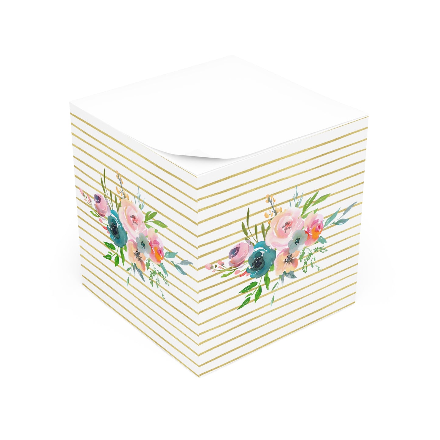 Light Floral Bouquet Gold Stripe Note Cube