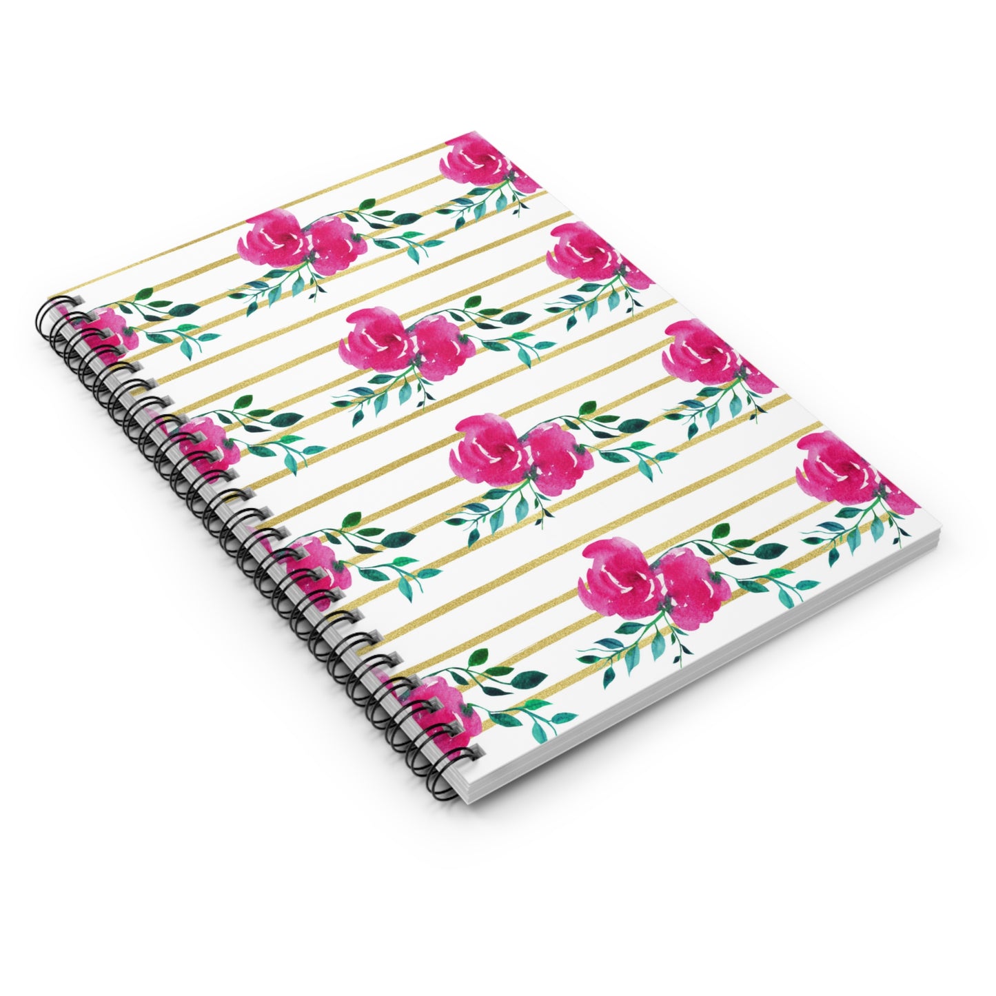 Pink Floral Gold Striped Spiral Notebook - Ruled Line