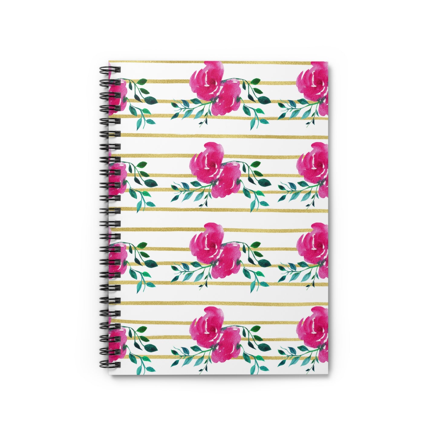 Pink Floral Gold Striped Spiral Notebook - Ruled Line
