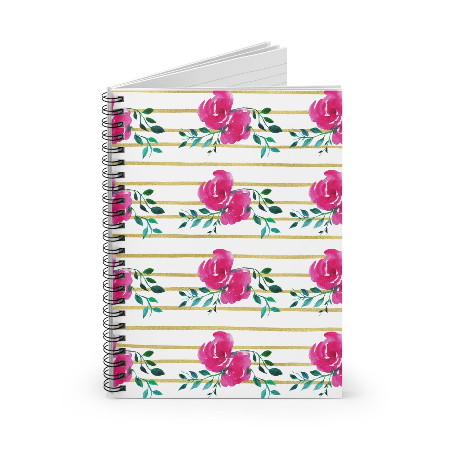 Pink Floral Gold Striped Spiral Notebook - Ruled Line