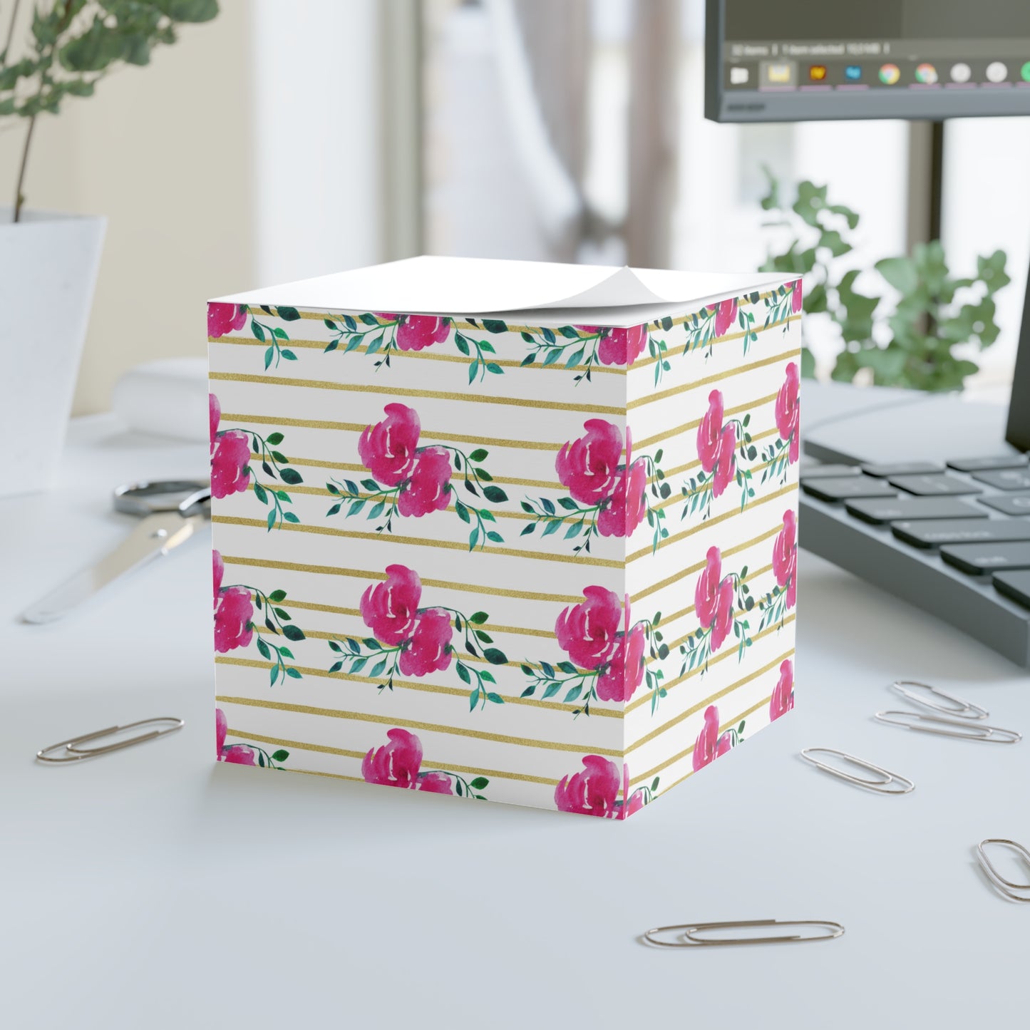 Pink Floral Gold Striped Note Cube