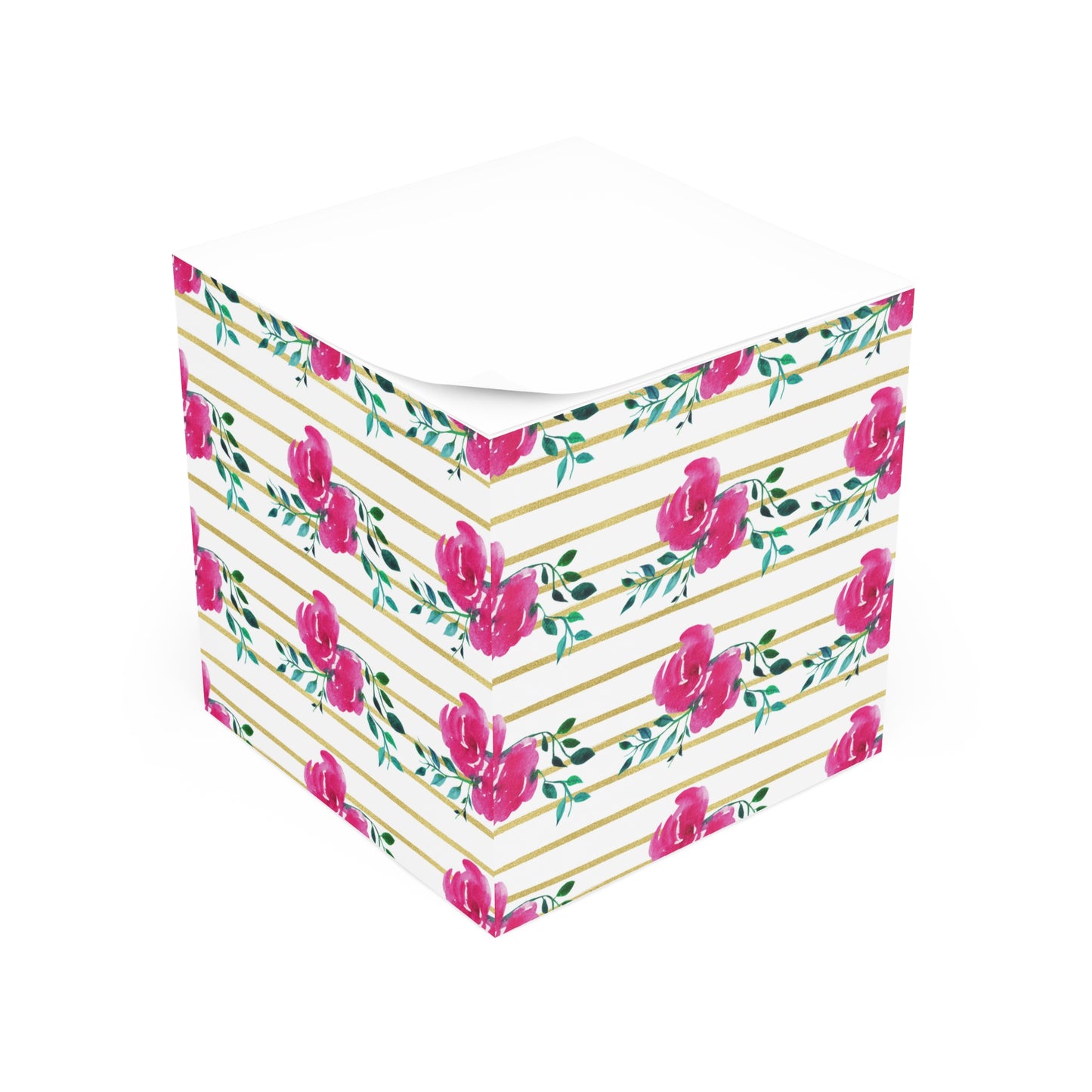 Pink Floral Gold Striped Note Cube