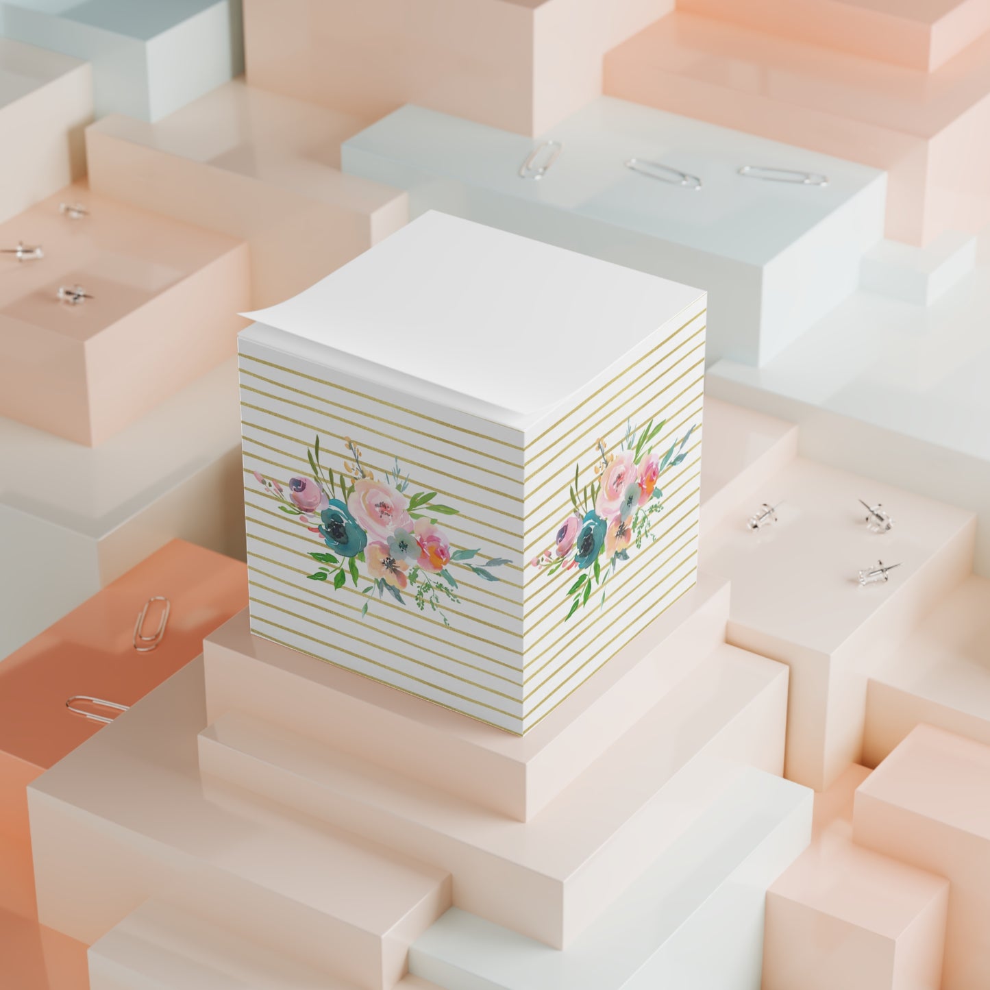 Light Floral Bouquet Gold Stripe Note Cube