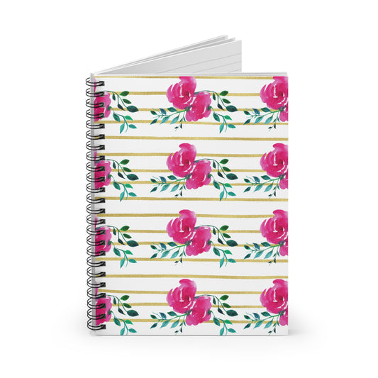 Pink Floral Gold Striped Spiral Notebook - Ruled Line