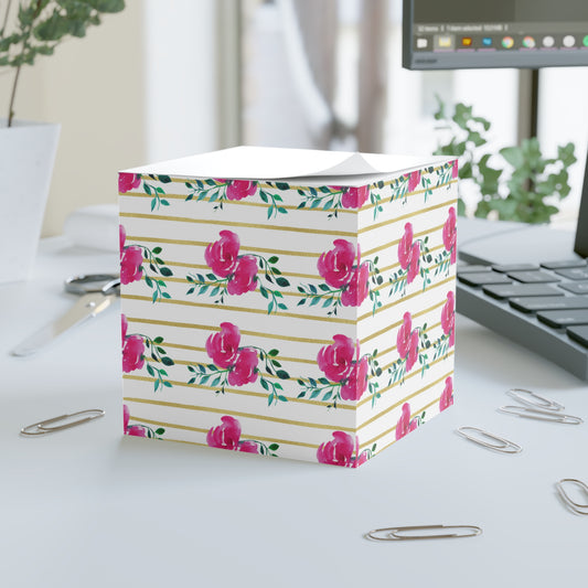 Pink Floral Gold Striped Note Cube