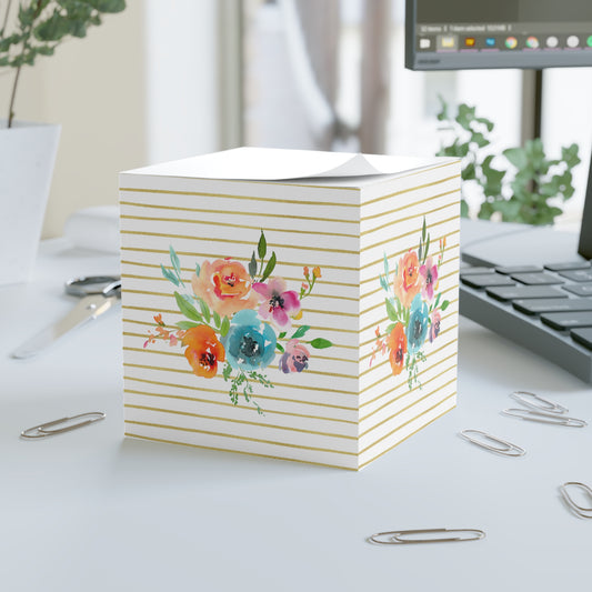 Bright Floral Bouquet Gold Stripe Note Cube