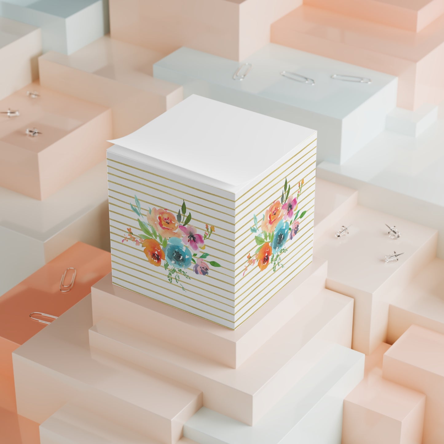 Bright Floral Bouquet Gold Stripe Note Cube