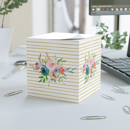 Light Floral Bouquet Gold Stripe Note Cube