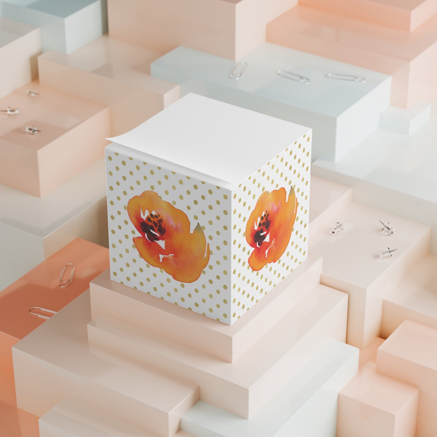Orange Flower Gold Polkadot Note Cube